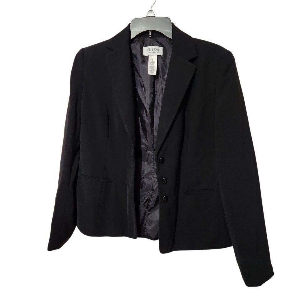 Villager Women Blazer Size 4 Black Front Buttons Lined With Pockets
